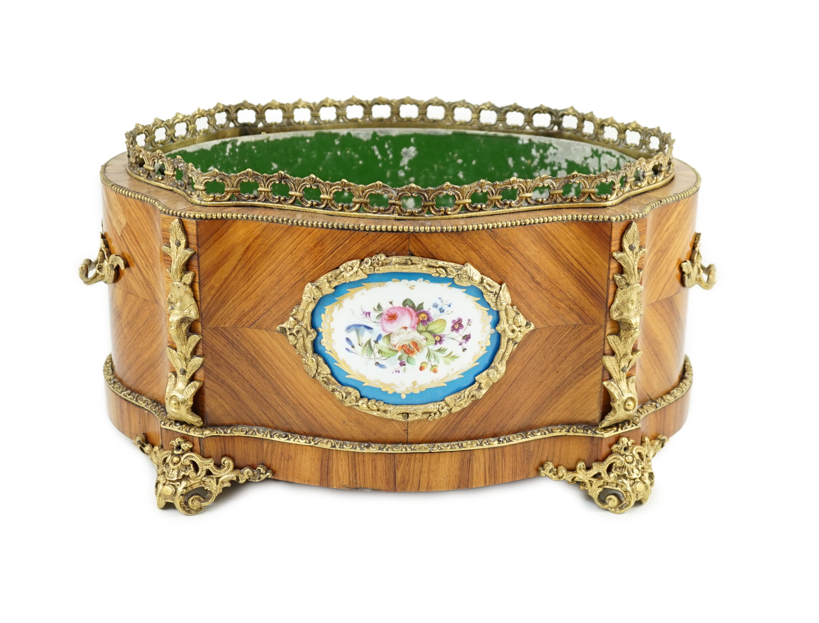 19th-century French Kingwood and ormolu mounted centrepiece planter, inset with a Sevres style porcelain plaque - 41cm wide